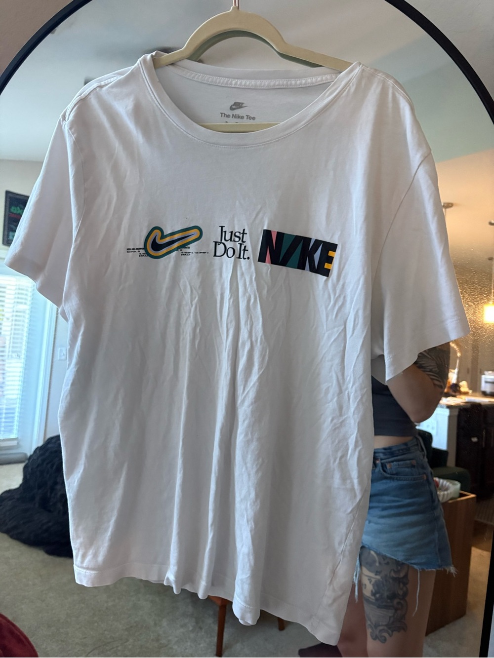 Nike White Short Sleeve Tee with Multicolor Swoosh & NVKE Print